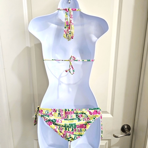 🆑️ BILLABONG Bright Neon Bikini | Triangle Top Halter Closure Side Tie S - Picture 7 of 16